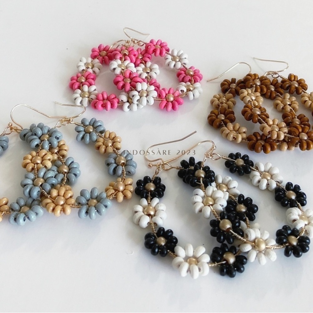 Wooden Floral Beaded Teardrop Earrings